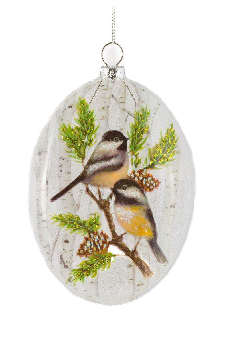 5.25" Hanging White Glass Birch Forest Medallion Ornament with Chickadees