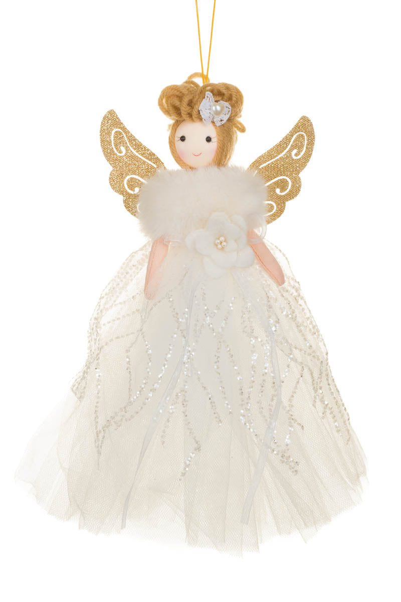 9.5"Hanging White Fabric Elegant Angel Doll with Gold Wings and Yarn Hair