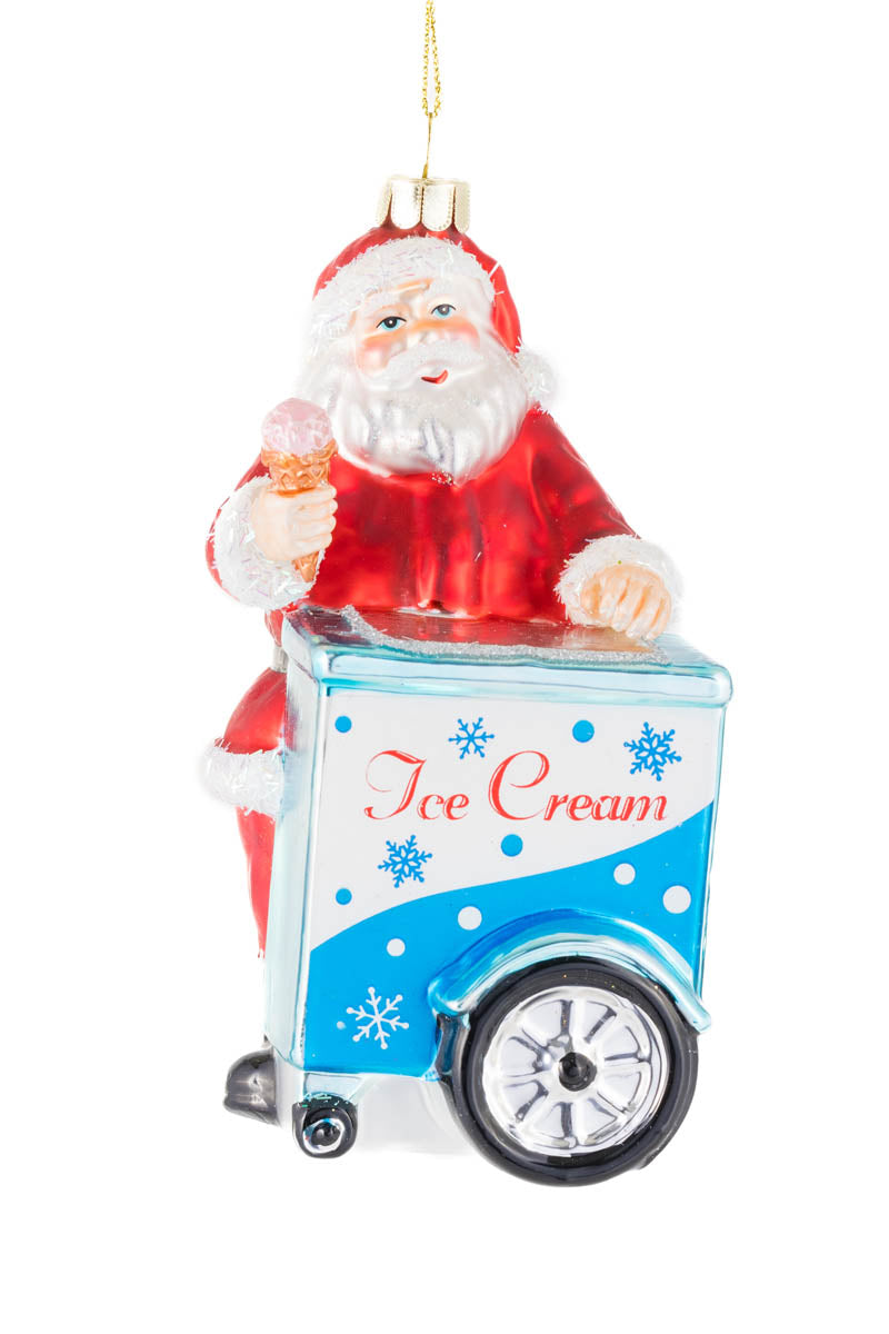 5.5" Hanging Red Glass Ice Cream Cart Santa Ornament