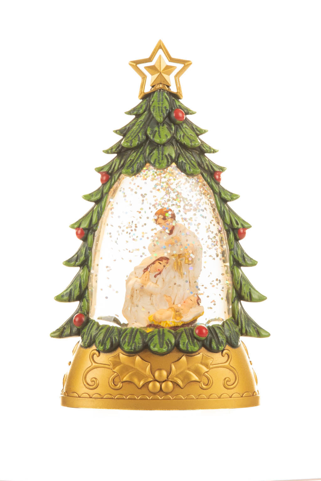 6" Mini Green and Gold Plastic Nativity Warm White LED Snow Globe