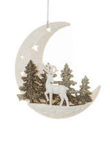 5" Hanging Platinum Acrylic Crescent Moon Ornament with Reindeer's Forest