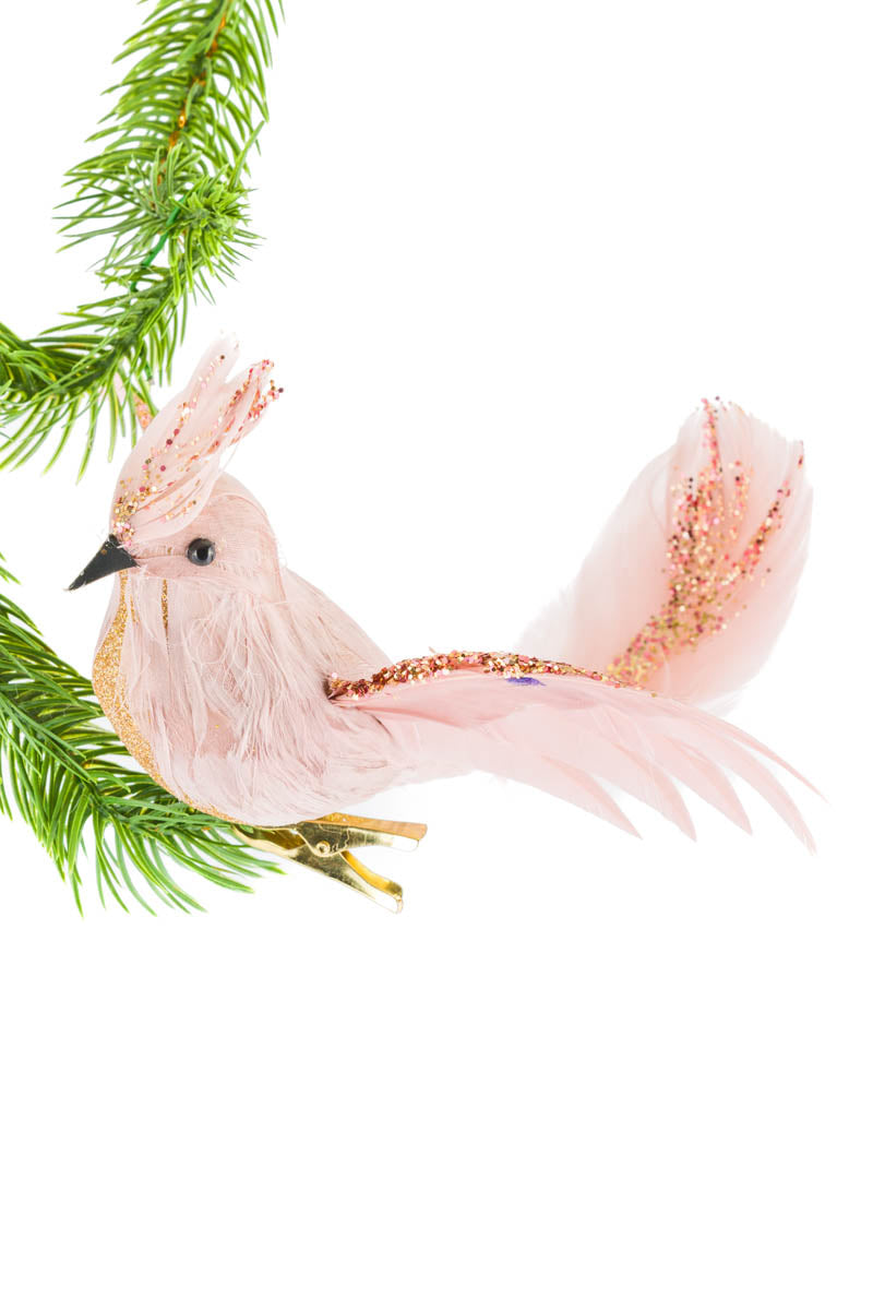 8.5"Clip-On Pastel Pink Feathered Bird Ornament