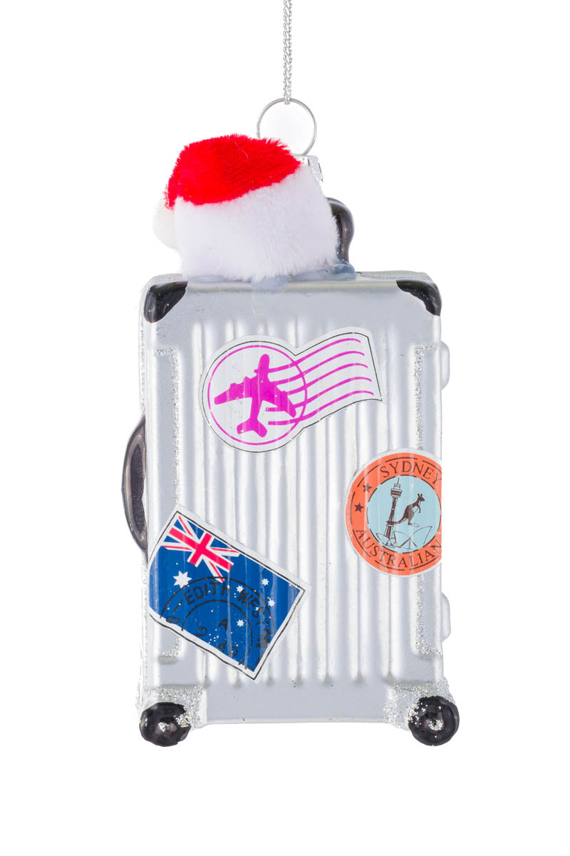 4" Hangable Silver Glass Suitcase Ornament with Santa Hat