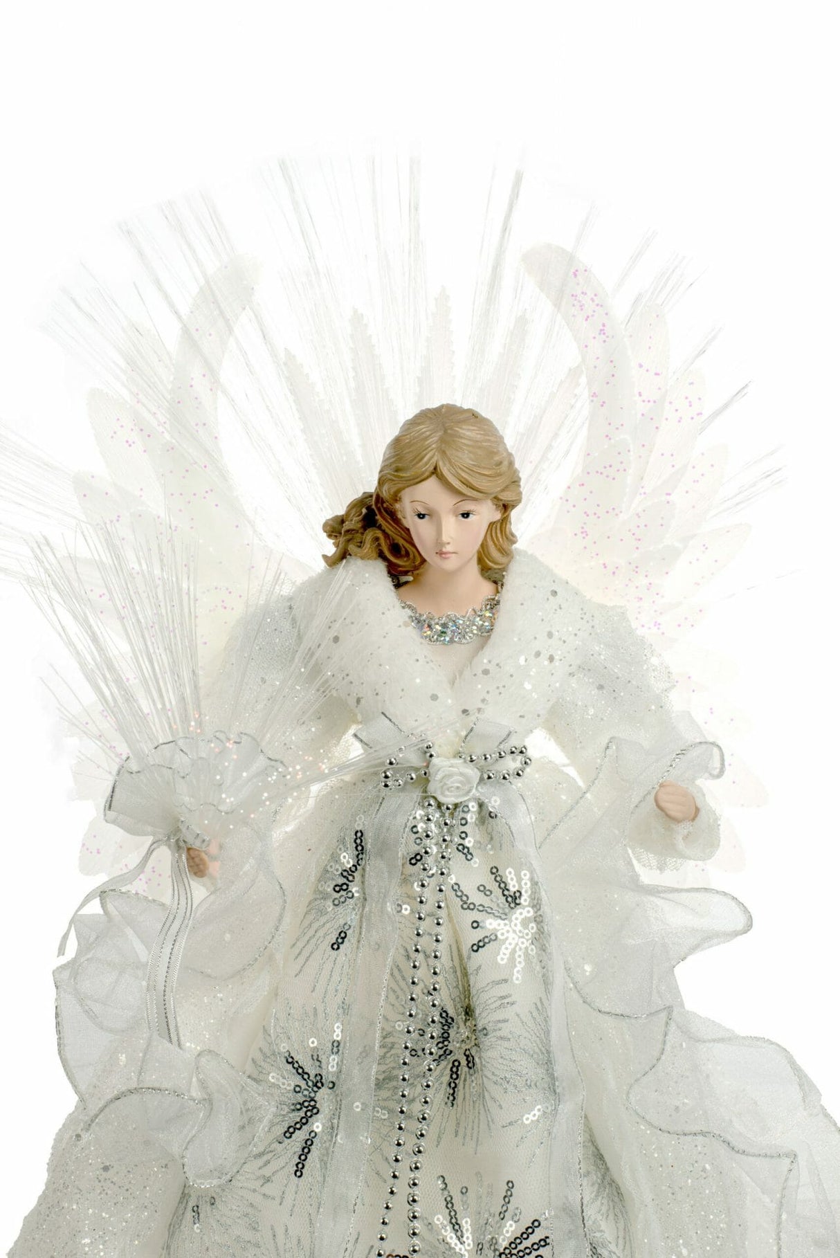 18" White and Silver Cloth Large Modern Fiber Optic Angel Tree Topper