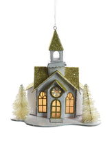 5" Hanging White Wooden Church LED Ornament with Gold Roof