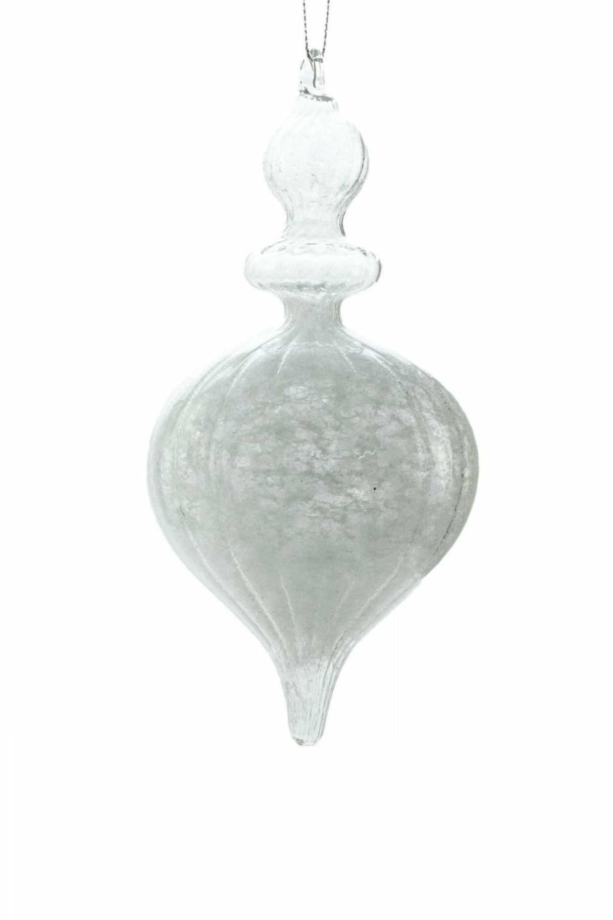 7" Hanging White and Clear Glass Ribbed Ornament