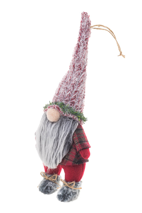 13.5" Hanging Buffalo Plaid Red and Brown Cloth Gnome Ornament with Skis
