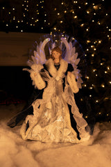 18" Blue and White Cloth Large Modern Fiber Optic Angel Tree Topper with Fur Coat