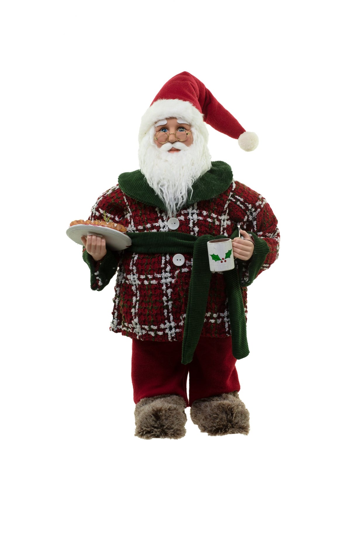 26" Red and Green Cloth Sabbatical Santa Figurine with Coffee and Snacks