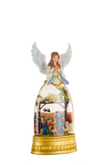 12.72" Gold and White Plastic Angel Warm White LED Snow Globe with Nativity