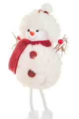8" Hanging White and Burgundy Cloth Snowman Ornament with Beanie
