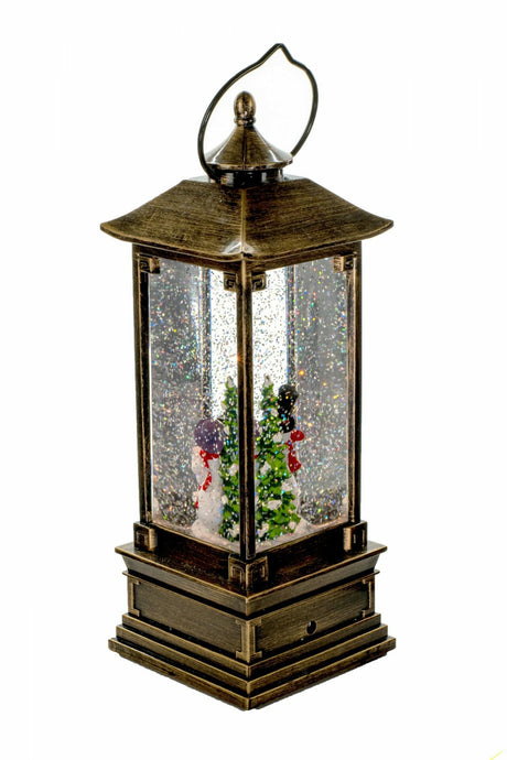11.5" Gold Lantern Warm White LED Snow Globe with Snowman Caroler Family