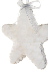5" Hanging White and Silver Cloth Fuzzy Star Ornament with Sparkly Wrapping