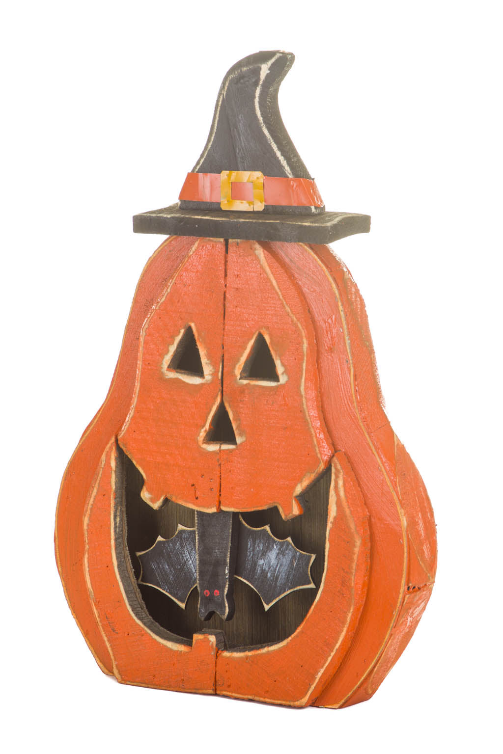 24.5" Orange and Black Wooden Jack O' Lantern Display with Bat