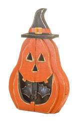 24.5" Orange and Black Wooden Jack O' Lantern Display with Bat