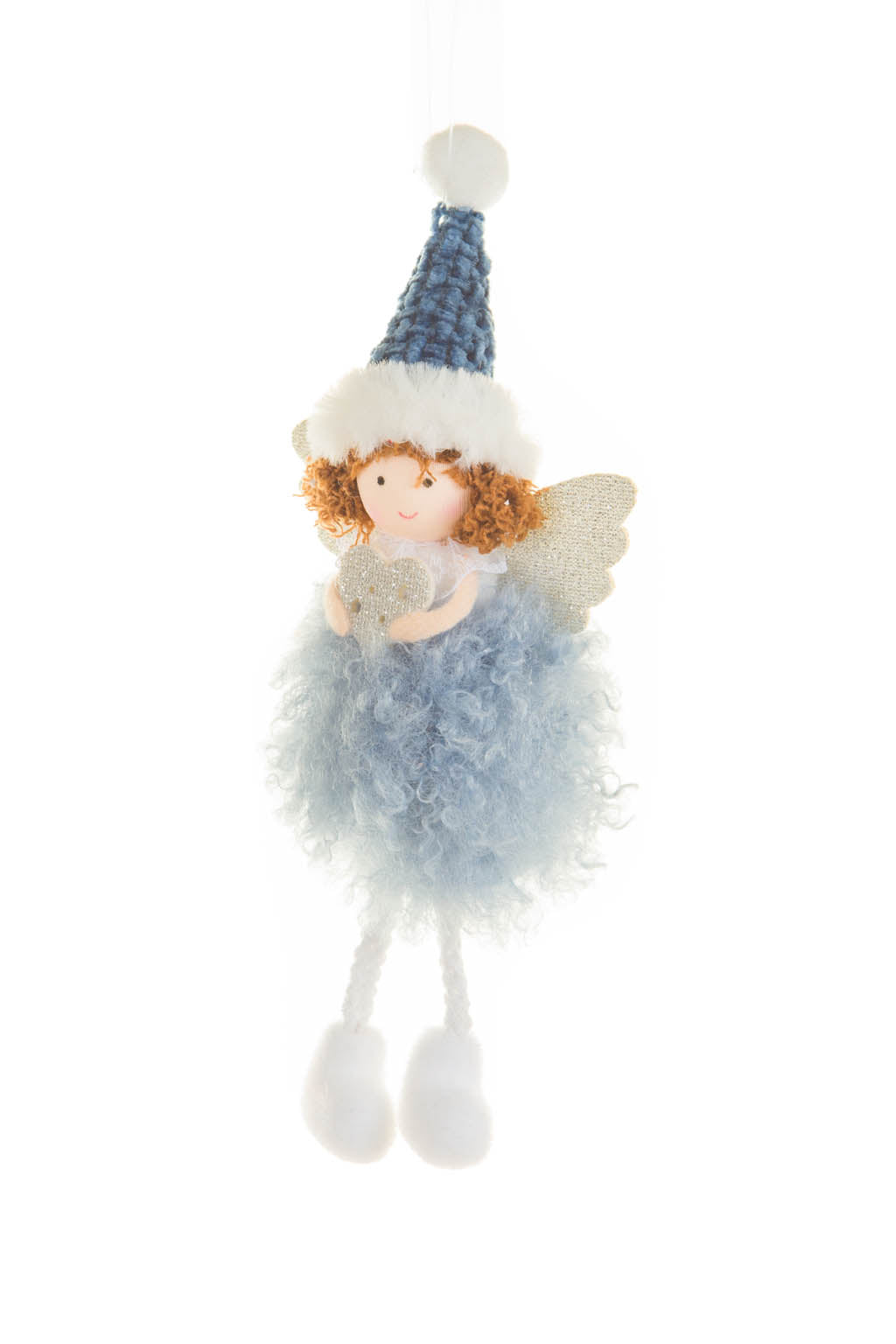 8.25"Hangable Navy and Silver Cotton Cozy Angel Ornament with Fluffy Trunk