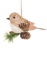 5.5" Hanging Tan Straw Pinecone Bird Ornament Sitting On Spray