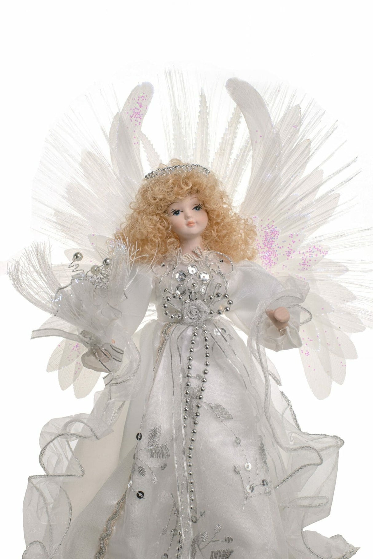 13" White Cloth Contemporary Fiber Optic Angel Tree Topper with Blonde Hair