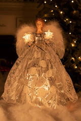 14" Silver and White Cloth Modern 10-Light Angel Tree Topper