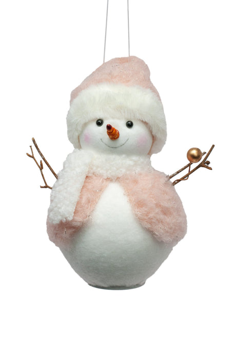 6" Pink and White Cloth Happy Snowman with Fuzzy Coat