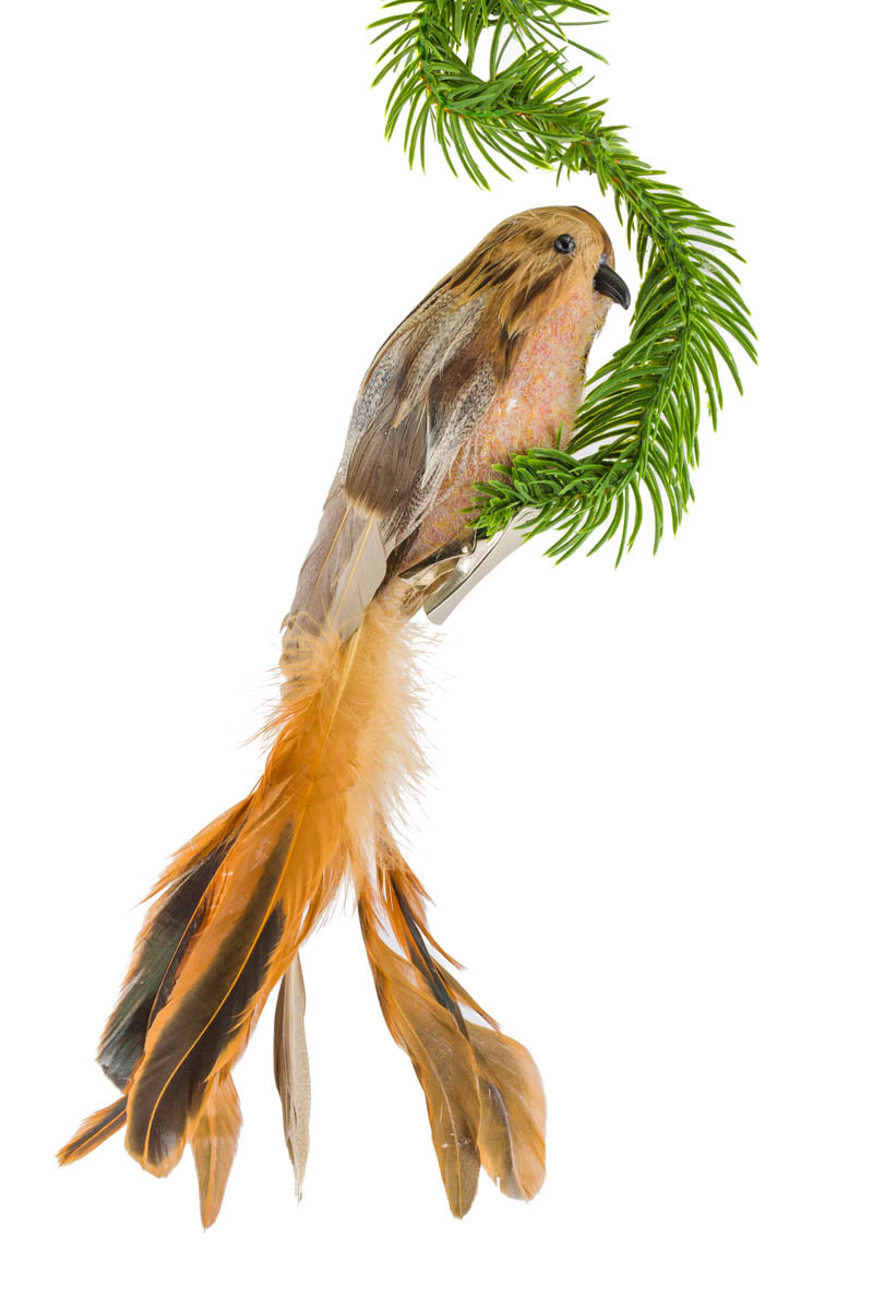 10" Clip-On Brown Feathered Bird Ornament