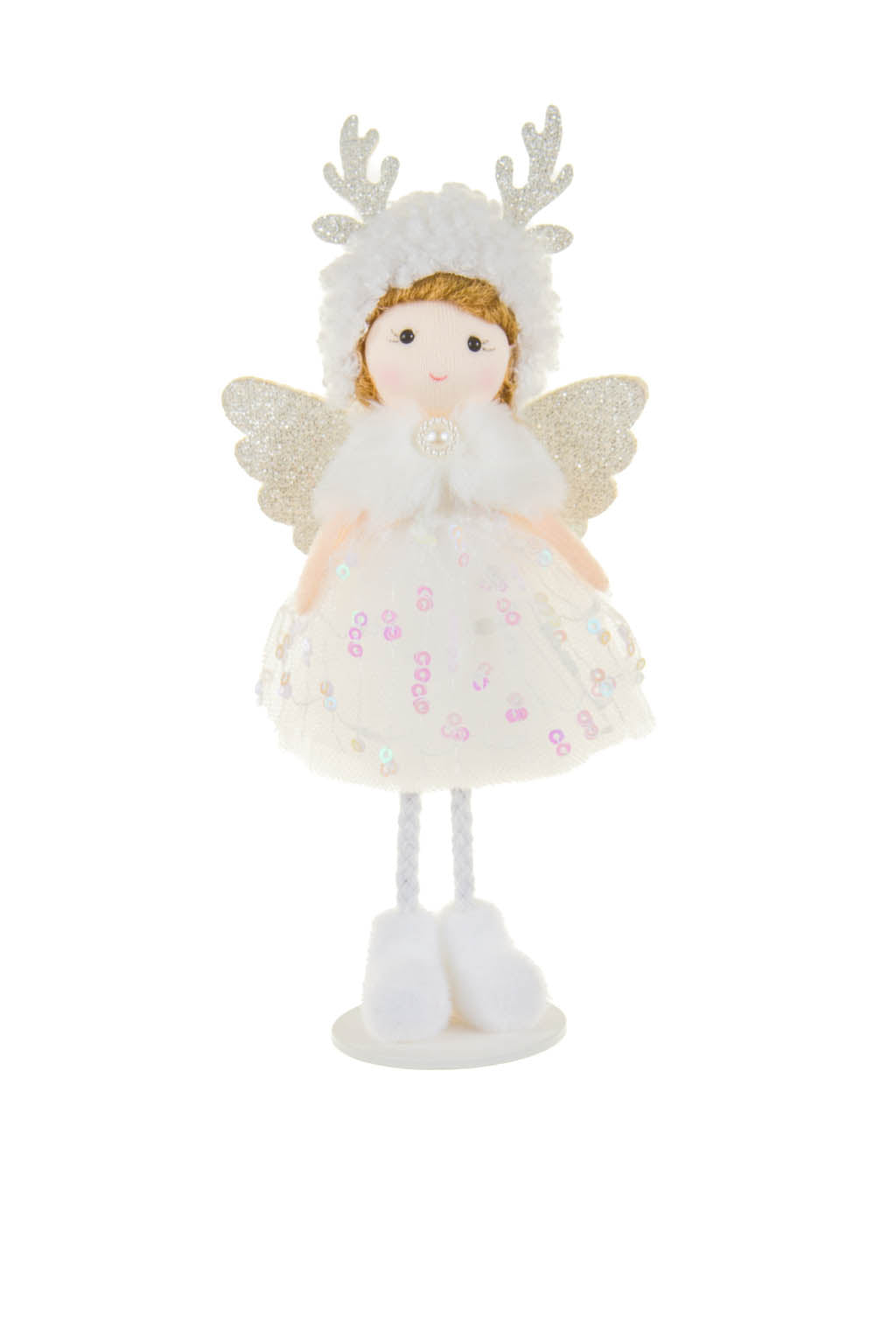 6.25" Sequin White Cotton Cherub Girl Doll with Antlers