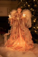 14" Coral Cloth Modern 10-Light Angel Tree Topper with White Fluffy Feathers