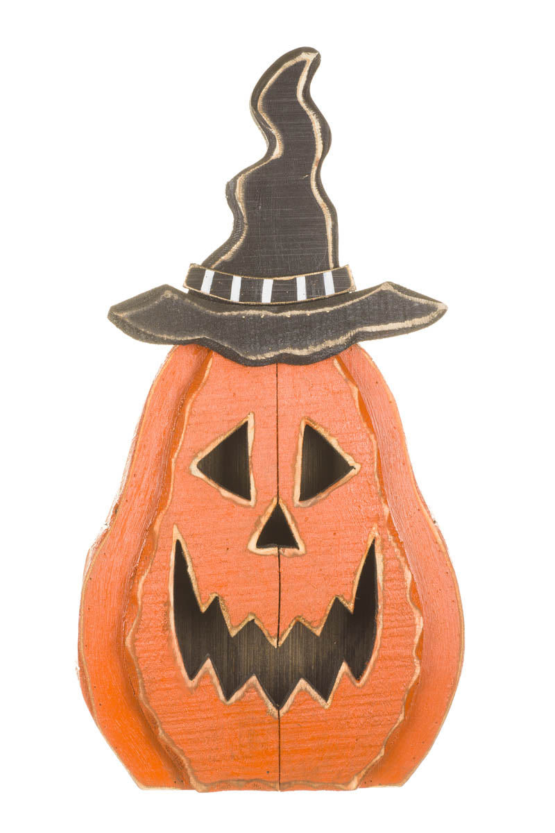 24.75" Orange Wooden Jack-O-Lantern Pumpkin Display with Witch Hat