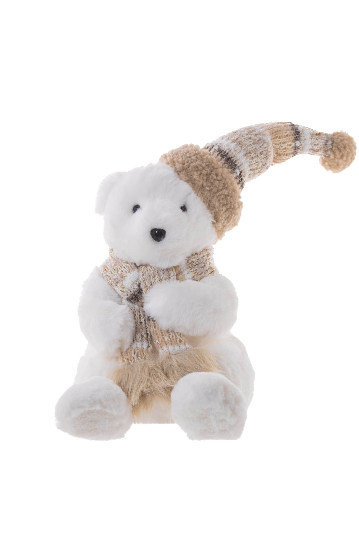 10" Sitting White and Beige Furry Bear Figurine with Scarf
