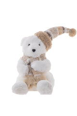10" Sitting White and Beige Furry Bear Figurine with Scarf