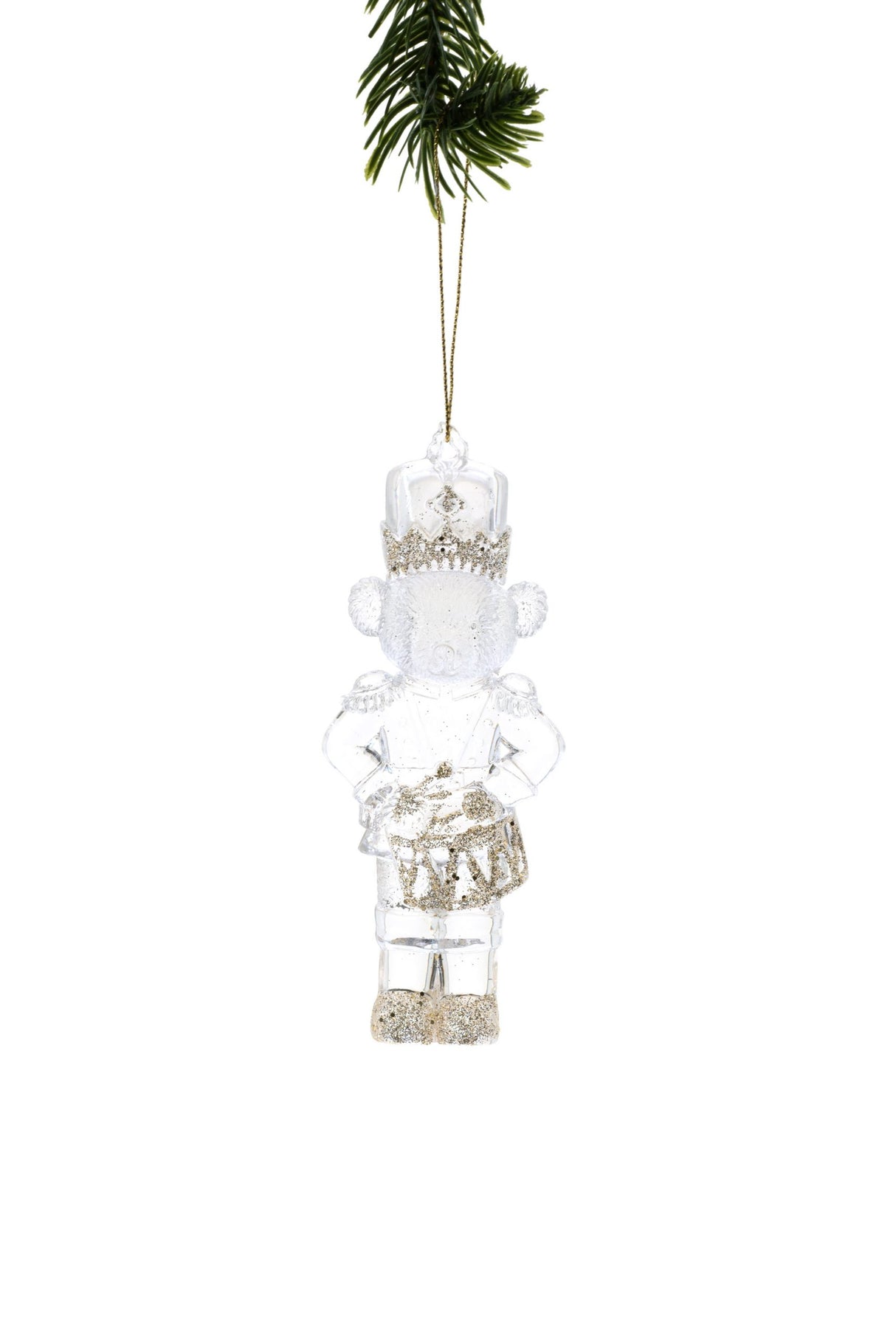 5.6" Hanging Clear and Gold Bear Soldier Ornament with Drums