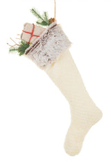 25" Hanging White and Gray Cloth Stuffed Stocking with Present