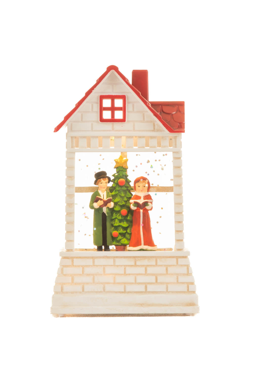 12.5" Mini White and Red Plastic Brick House Warm White LED Snow Globe with Carolers