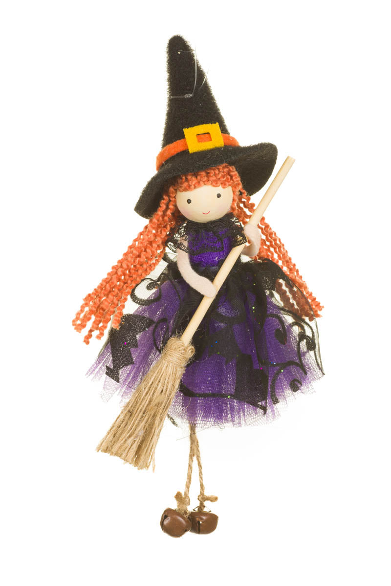 8" Hanging Purple and Black Fabric Witch Girl Doll with Bat Dress