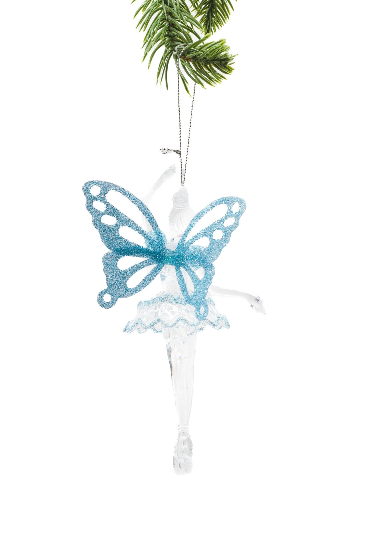 6" Hanging Clear Plastic Fairy Ornament with Glittering Blue Wings