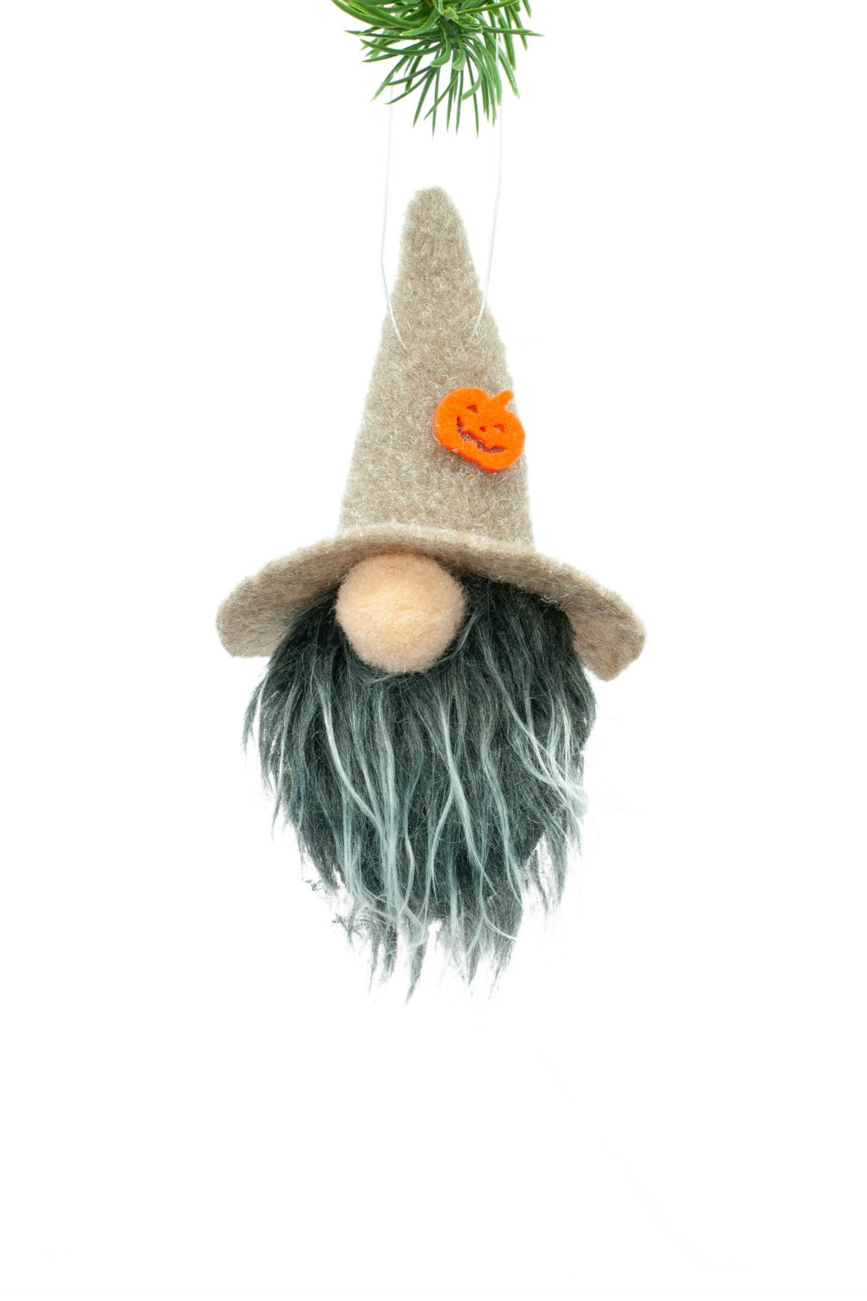 7" Hanging Brown Cloth Gnome Head Ornament with Grey Beard