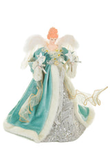15" Turquoise and White Cotton Sleek Warm White LED Angel Tree Topper with Glowing Stars