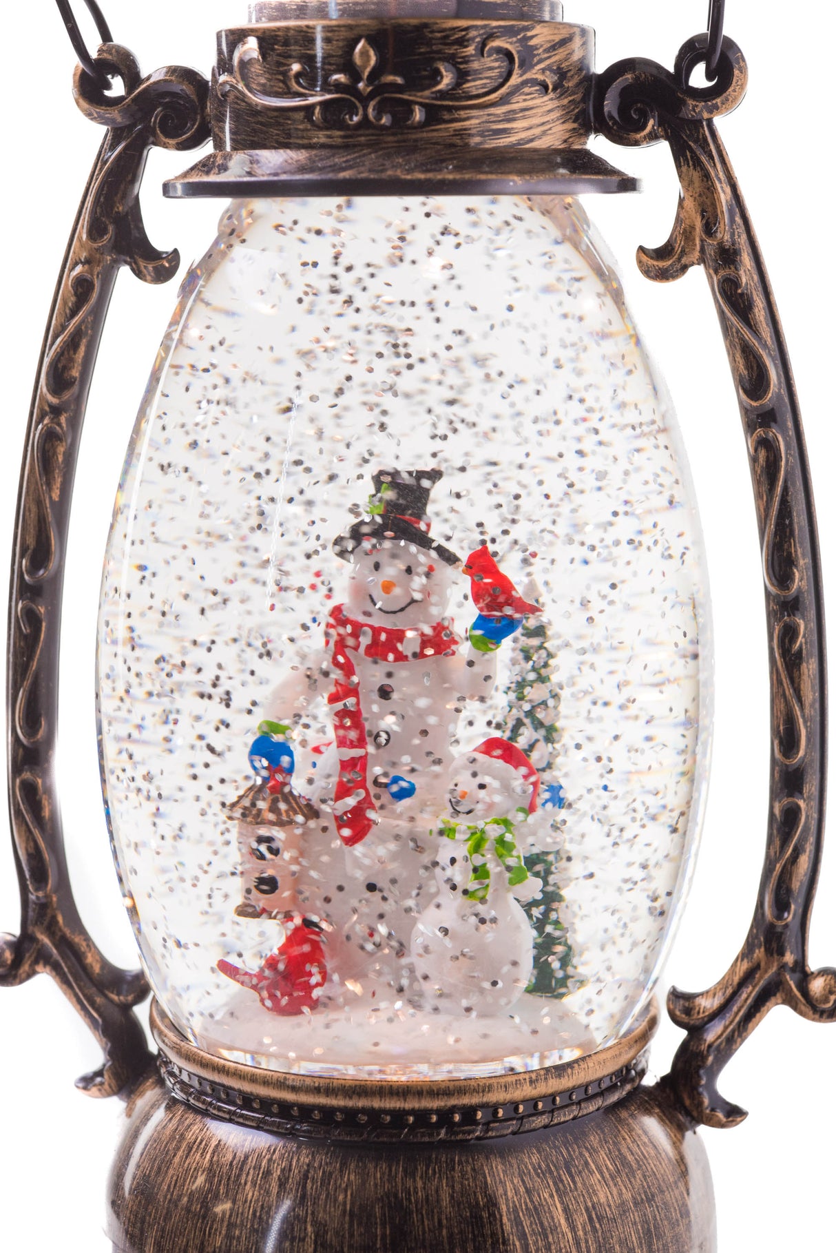9.5" Slim Brown Plastic Oil Lantern LED Snow Globe with Snowman Family