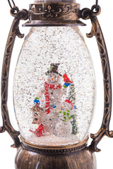 9.5" Slim Brown Plastic Oil Lantern LED Snow Globe with Snowman Family