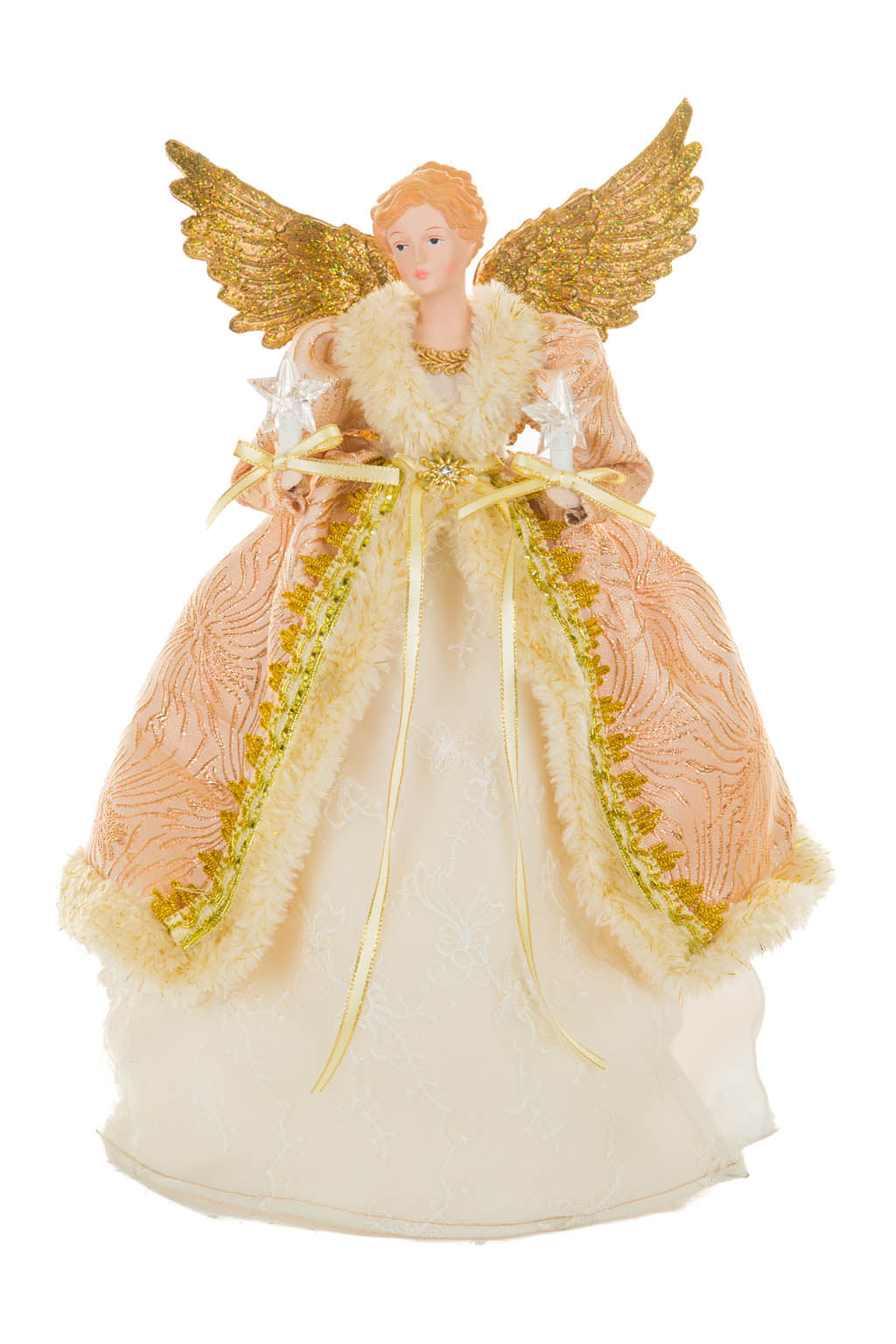 15" Pink and Ivory Cotton Regal Warm White LED Angel Tree Topper with Golden Wings
