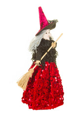 12" Sequin Black and Red Cloth Witch Ornament with Broom