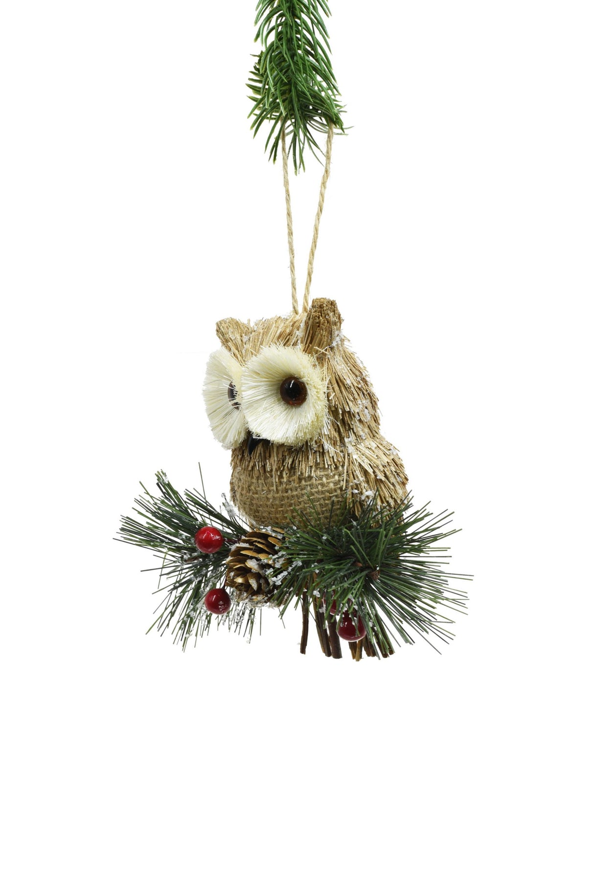 5.5" Hanging Brown Straw Perched Owl Ornament On Pine Sprig