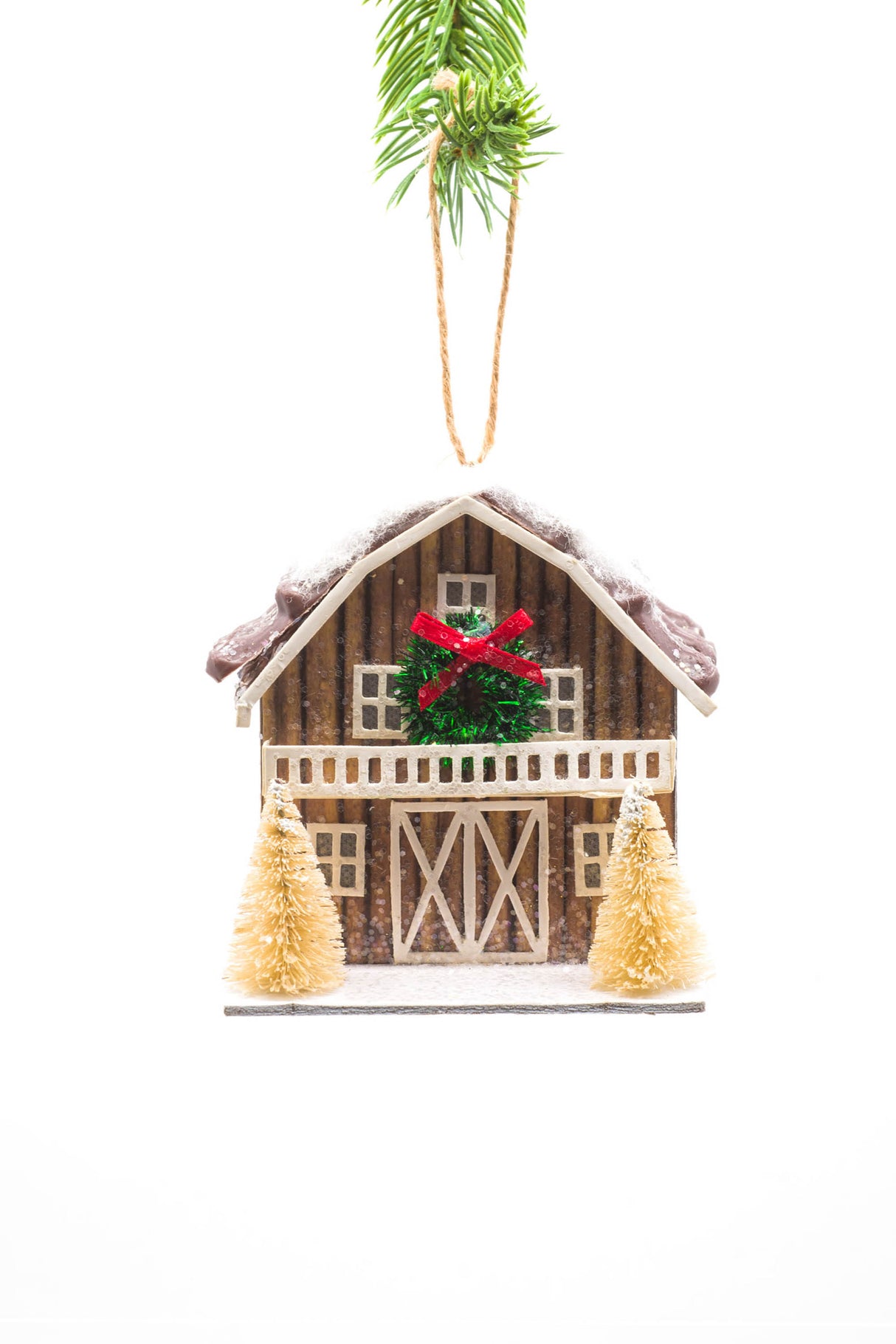 3.5" Hanging Brown Plastic Barnhouse LED Ornament with Snowcapped Roof