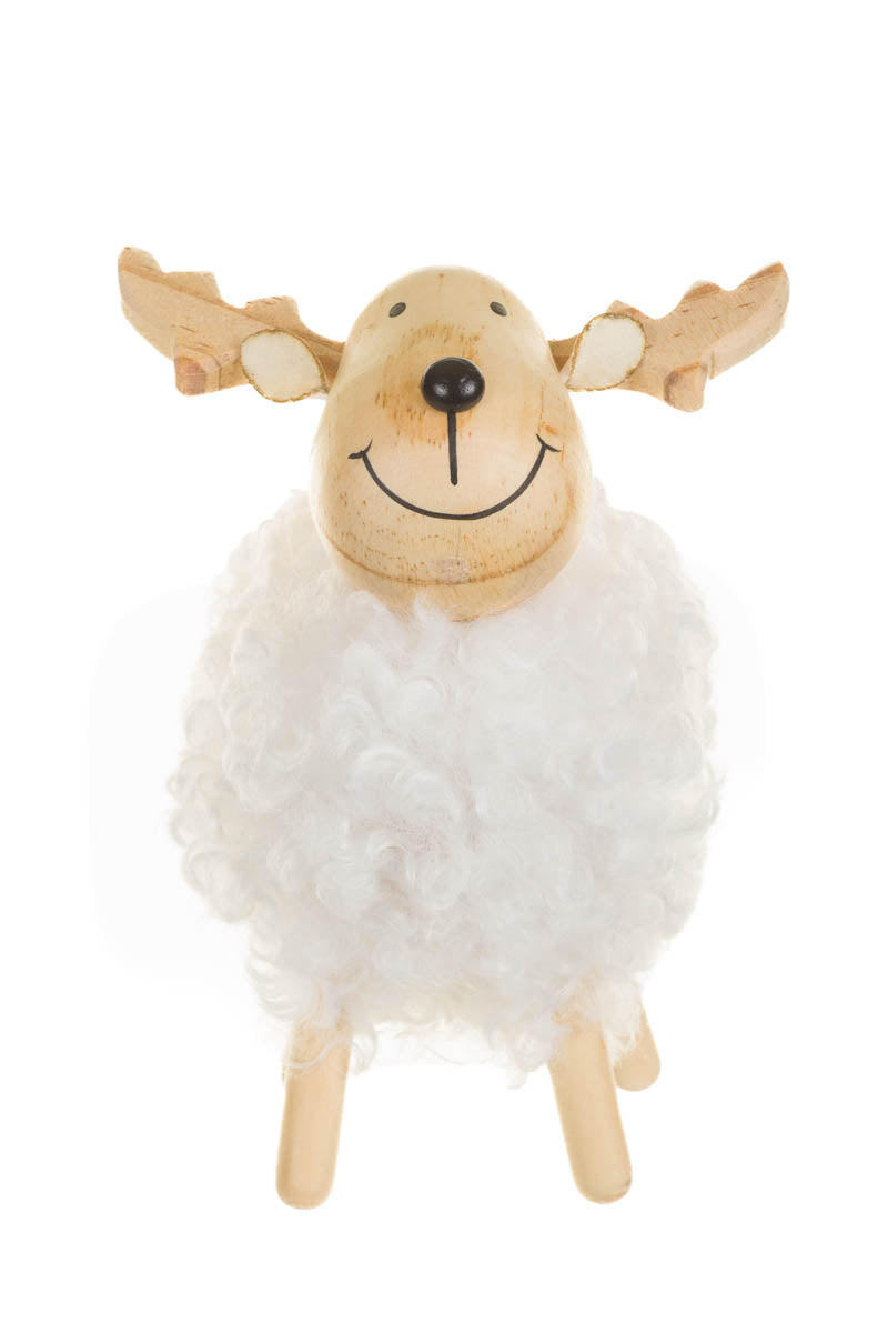 6" Large Fluffy White Wooden Reindeer Figurine