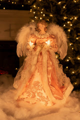16" Pink and White Cloth Modern 10-Light Angel Tree Topper with Fluffy White Wings