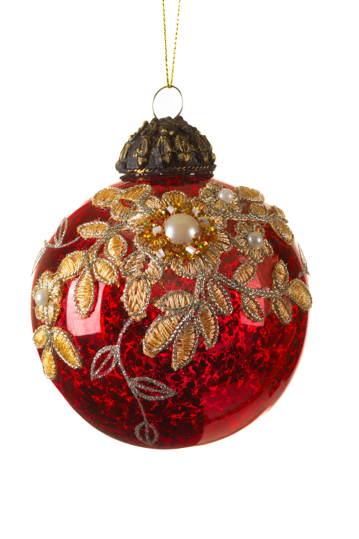 4.25" Hanging Red Glass Pearl Mistletoe Bulb Ornament