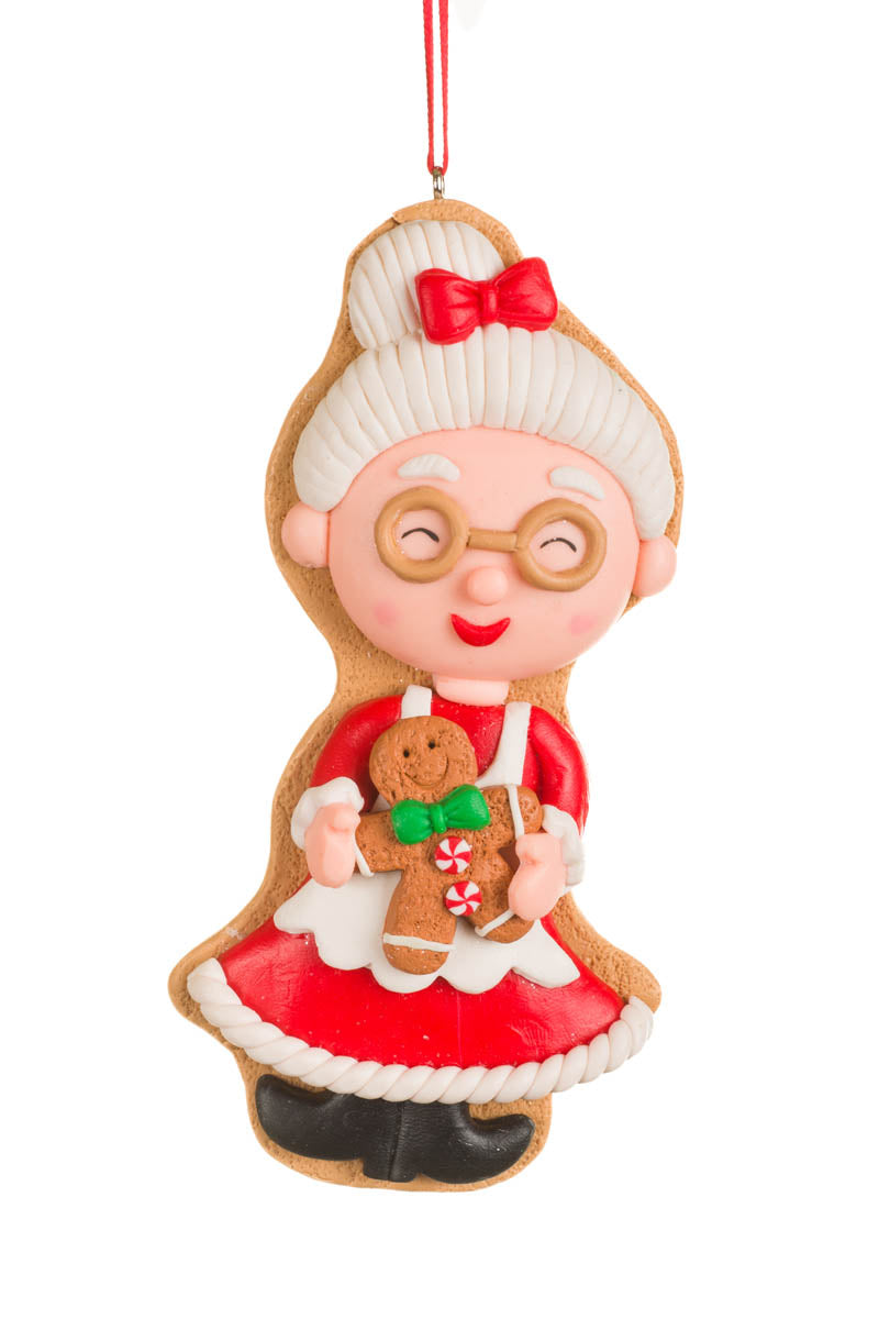 5.25" Red and White Clay Mrs. Claus with Gingerbread Man Ornament