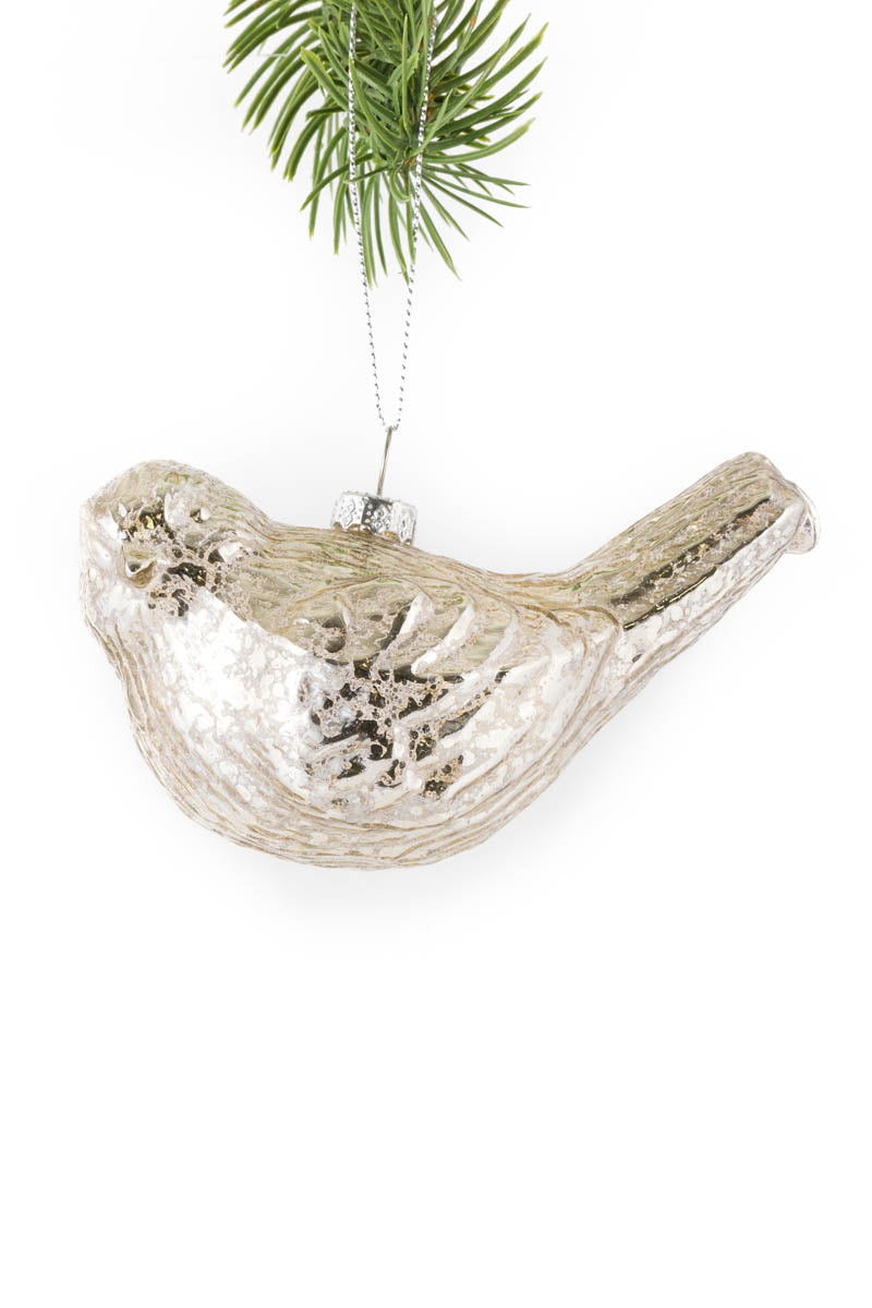 4.5" Hanging Silver Glass Bird Ornament