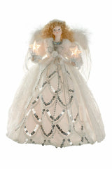 14" White and Silver Cloth Contemporary 10-Light Angel Tree Topper with Blonde Curly Hair