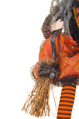 28" Sitting Orange and Black Cloth Compelling Witch Figure with Broomstick